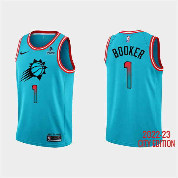 Men's Phoenix Suns #1 Devin Booker Blue 2022/23 City Edition With Black payple Logo Stitched Basketball Jersey